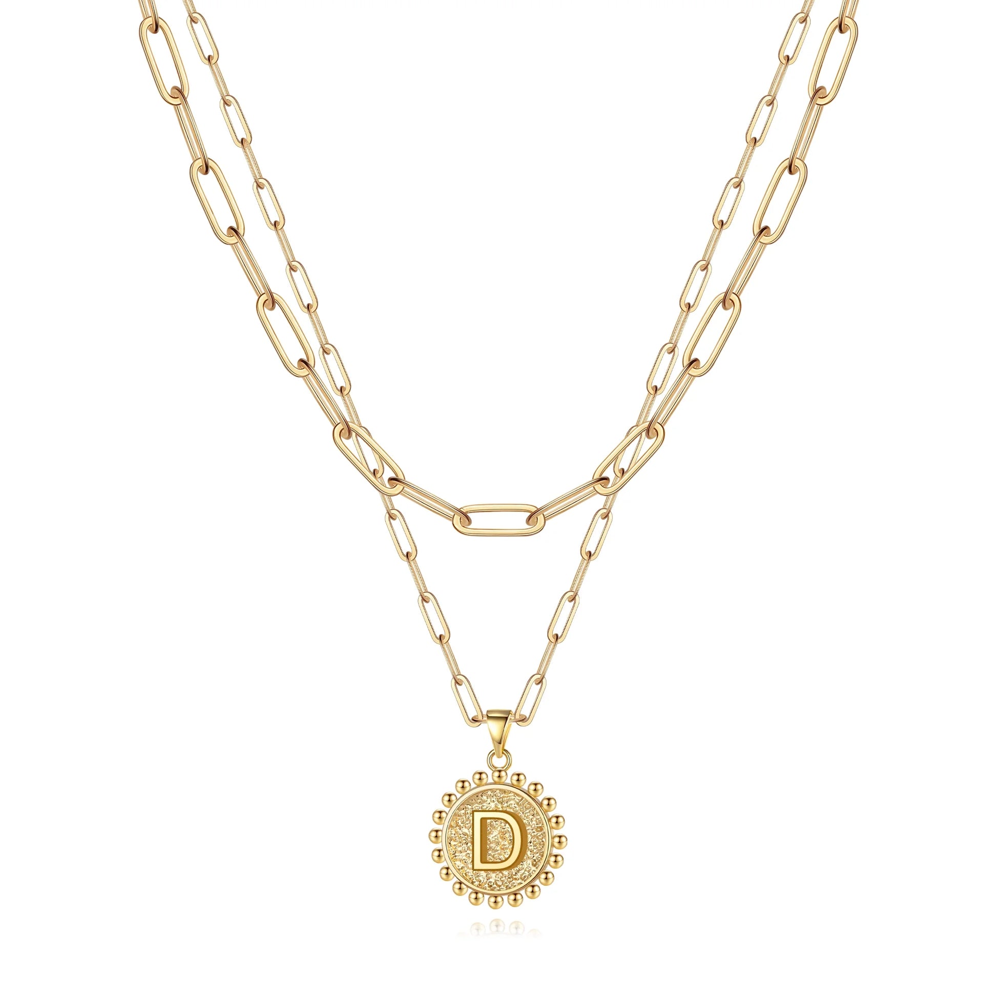 Gold Initial Necklaces for Women Girls 14K Gold Plated Dainty Layering Paperclip Link Chain Necklace Coin Initial Layered Gold Necklaces for Women