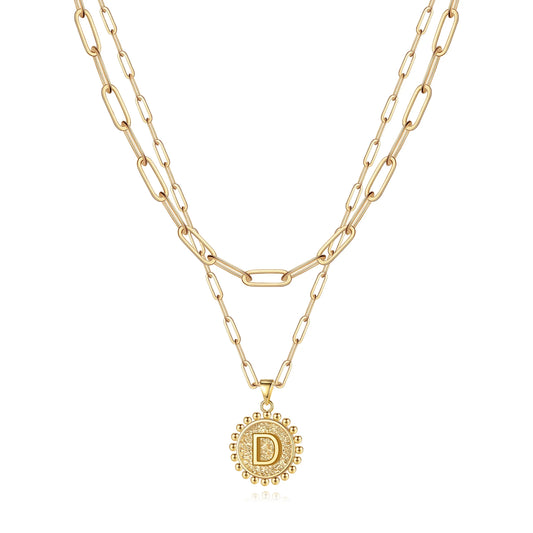 Gold Initial Necklaces for Women Girls 14K Gold Plated Dainty Layering Paperclip Link Chain Necklace Coin Initial Layered Gold Necklaces for Women